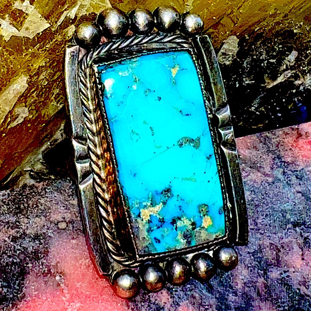 GIGANTIC Native American Sterling Silver Turquoise Statement Ring Size 8